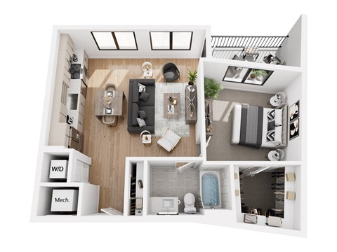 Floor plan for 1 bed, 1 bath, 747 sqft